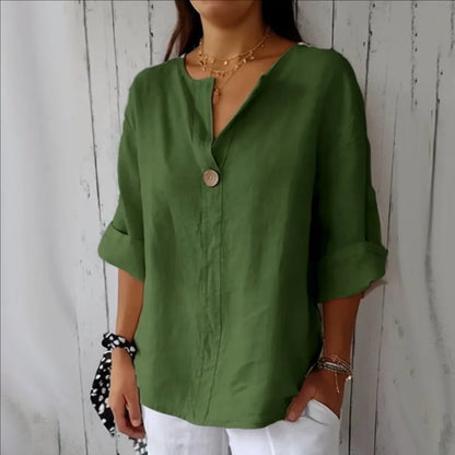 VEITCHE Women's V-Neck Button Shirt — 3/4 Sleeve Cotton Linen Top