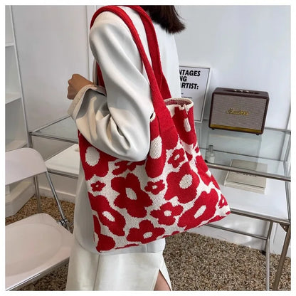 Plaid Wool Knitted Tote Bag, Color-Matched Design