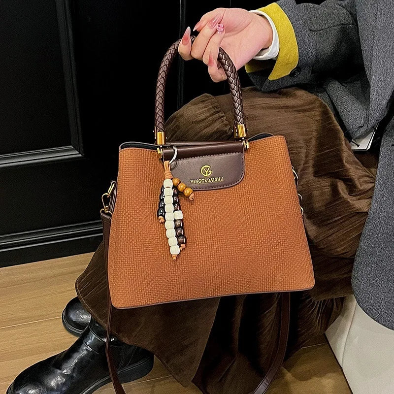 Dark Khaki Faux Leather Tote, Braided Handle & Wood Beads