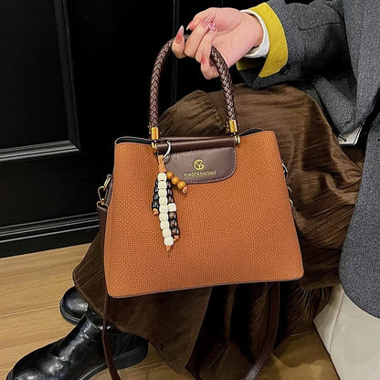 Dark Khaki Faux Leather Tote, Braided Handle & Wood Beads