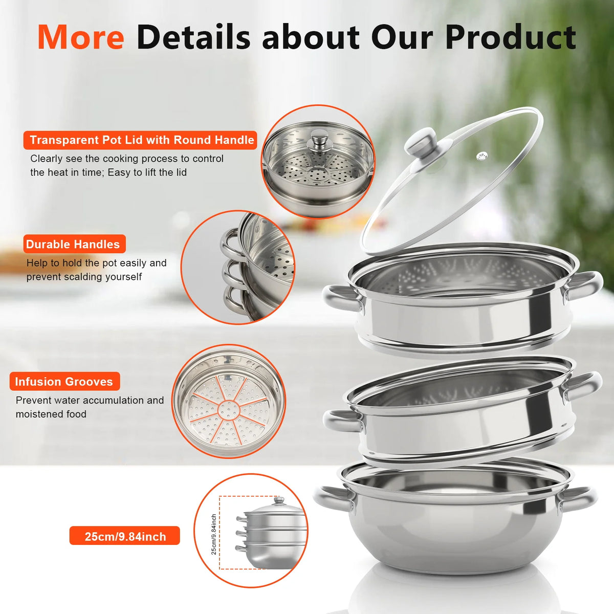 28cm 3-Tier Stainless Steel Steamer Pot with Glass Lid for Induction and Gas Stoves