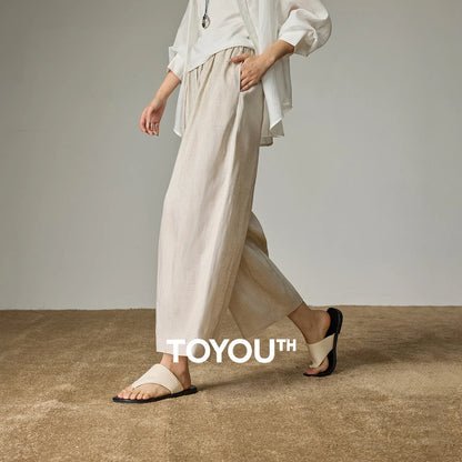 TOYOUTH Women's Lyocell Linen Wide Leg Pants — High Waist Pleated Ankle Trousers