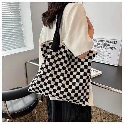 Plaid Wool Knitted Tote Bag, Color-Matched Design