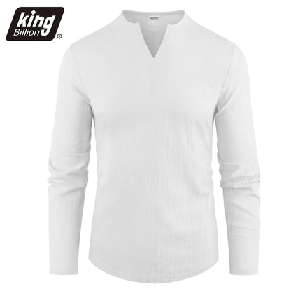 Men's Cotton Linen V-Neck Long Sleeve T-Shirt — Casual Solid Color Breathable Cozy Top