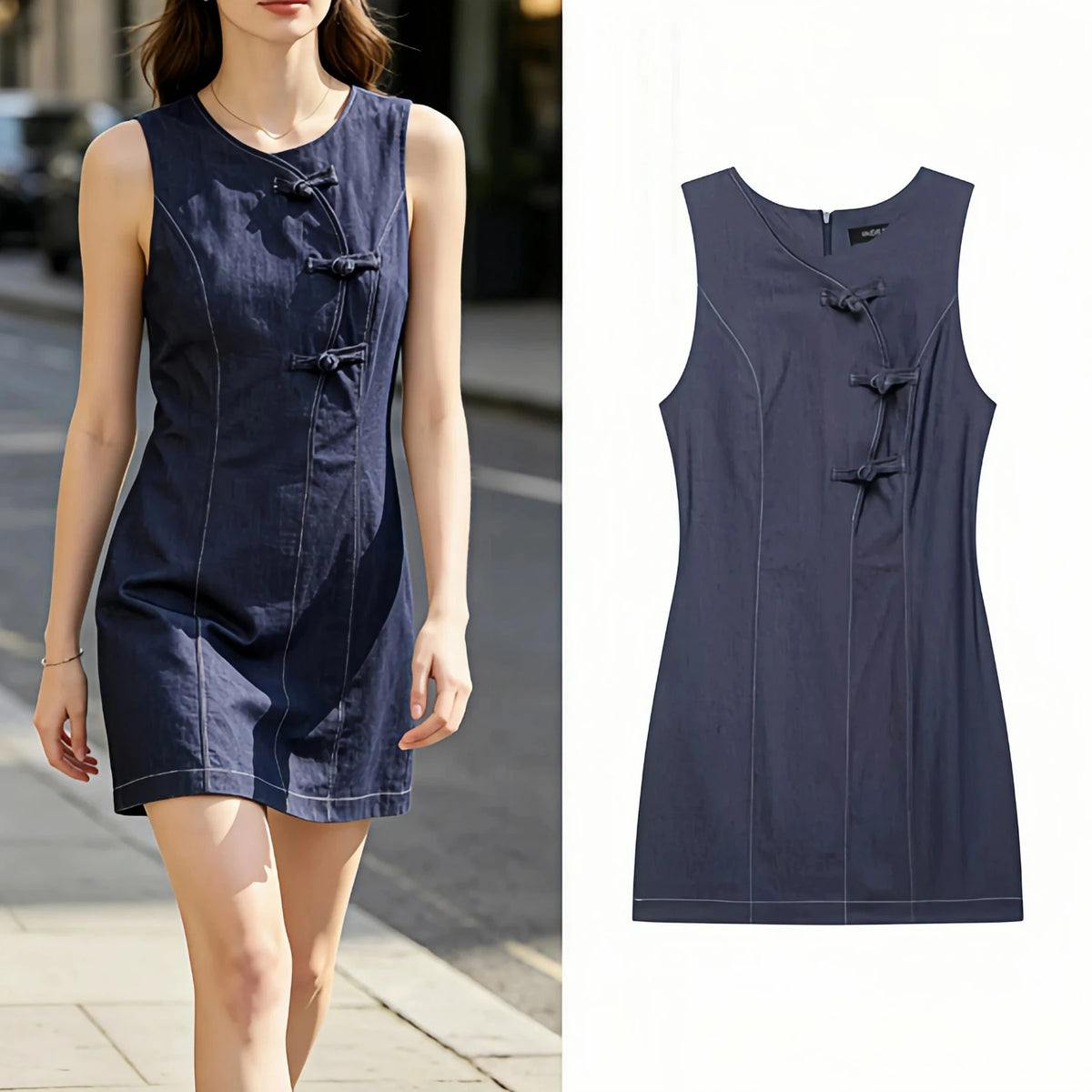 Women's Elegant Knot Buckle Sleeveless Dress – Pleated Hem Retro Chic Office & Casual Dress