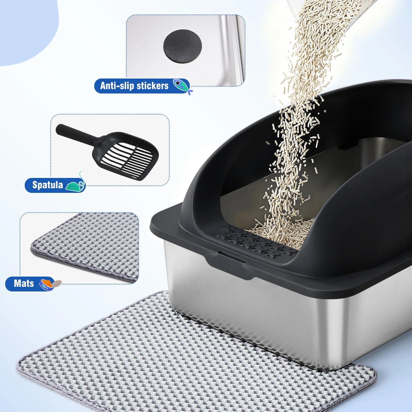 JHK 24" Stainless Steel Cat Litter Box with Lid — Anti-Urine, Scoop & Mat Included