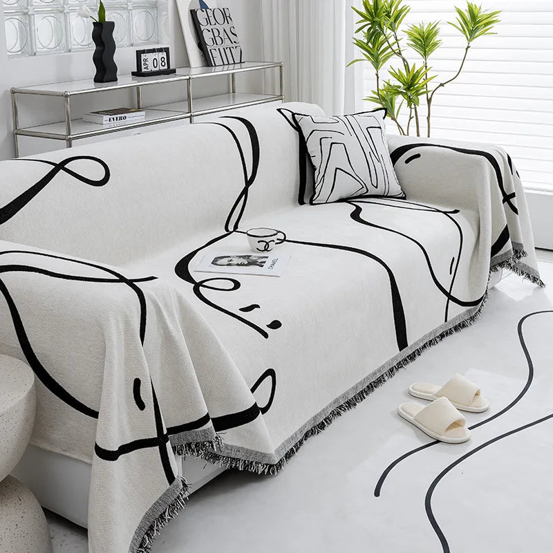 Black Line Chenille Sofa Cover Cloth Sofa Blanket Cover Full Cover Universal Couch Towel Cover Dust Proof Sofa Cushion Cover