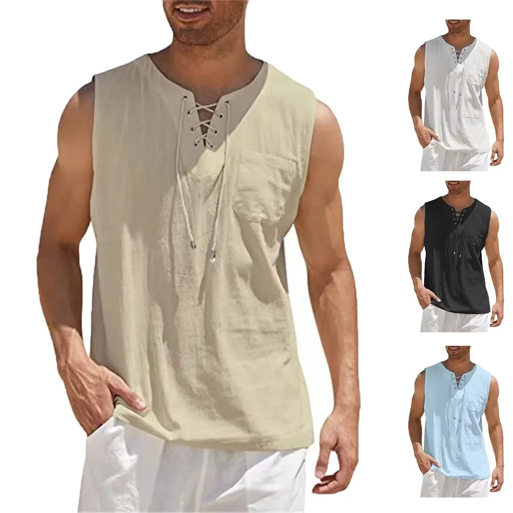 Men's Cotton Linen Sleeveless Vest — Retro V-Neck Lace Up Tank Top