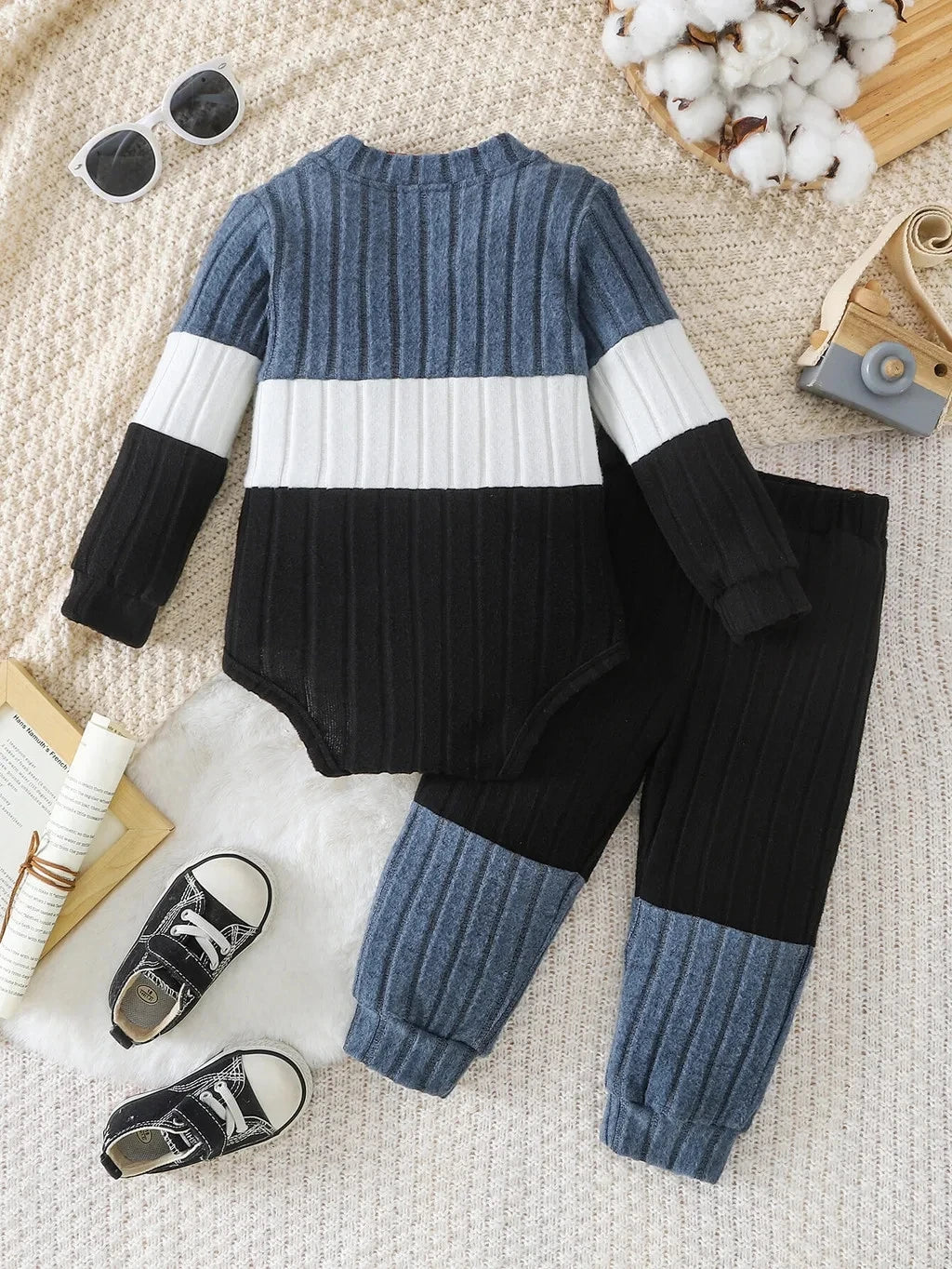0-2Y Fashion Men's Baby Autumn Set Color blocked Striped Knitted Long sleeved Ha Yi+Spliced Pants2PCS Set Baby Casual Clothing
