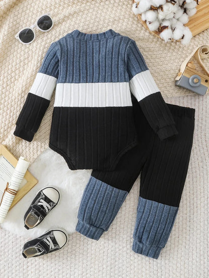 0-2Y Fashion Men's Baby Autumn Set Color blocked Striped Knitted Long sleeved Ha Yi+Spliced Pants2PCS Set Baby Casual Clothing
