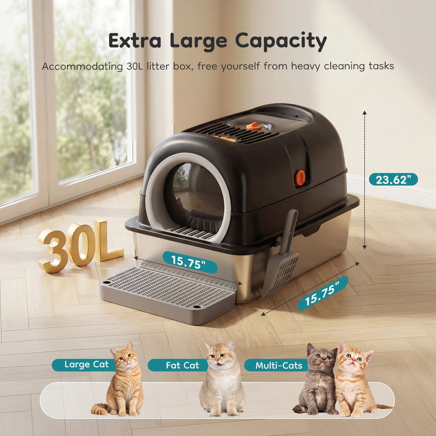 JHK 24" Stainless Steel Cat Litter Box — Fully Enclosed 30L Large Cat Box with Scoop & Mat