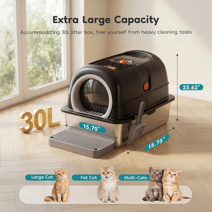 JHK 24" Stainless Steel Cat Litter Box — Fully Enclosed 30L Large Cat Box with Scoop & Mat