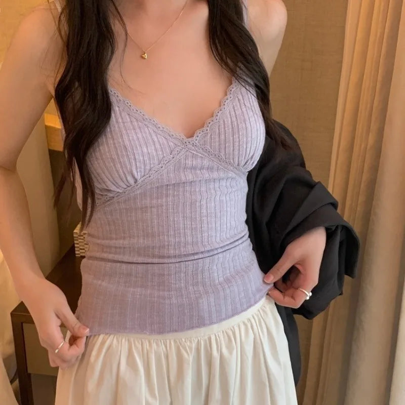 Women's V-Neck Ribbed Lace Cami Top — Built-in Bra Strappy Vest Tank