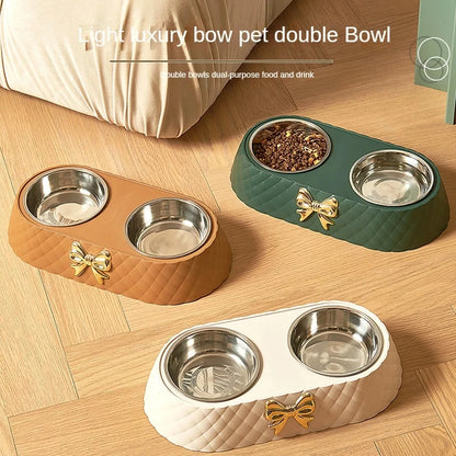 Bow-tie Ceramic Double Pet Bowl – Stainless Steel Food & Water Feeder for Dogs & Cats