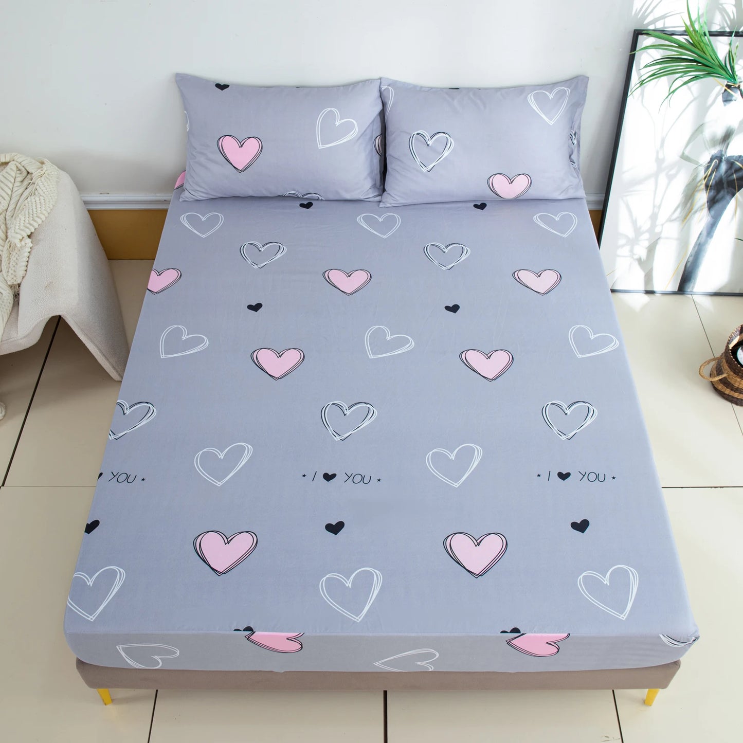 Active Printed Fitted Sheet, 1 Piece, Heart-Patterned Mattress Cover (Pillow Insert and Pillowcase Not Included), Simple Style Polyester Fiber Rectangular 3D Dirt-Resistant Mattress Protector, Polyester Five-Sided Patterned F