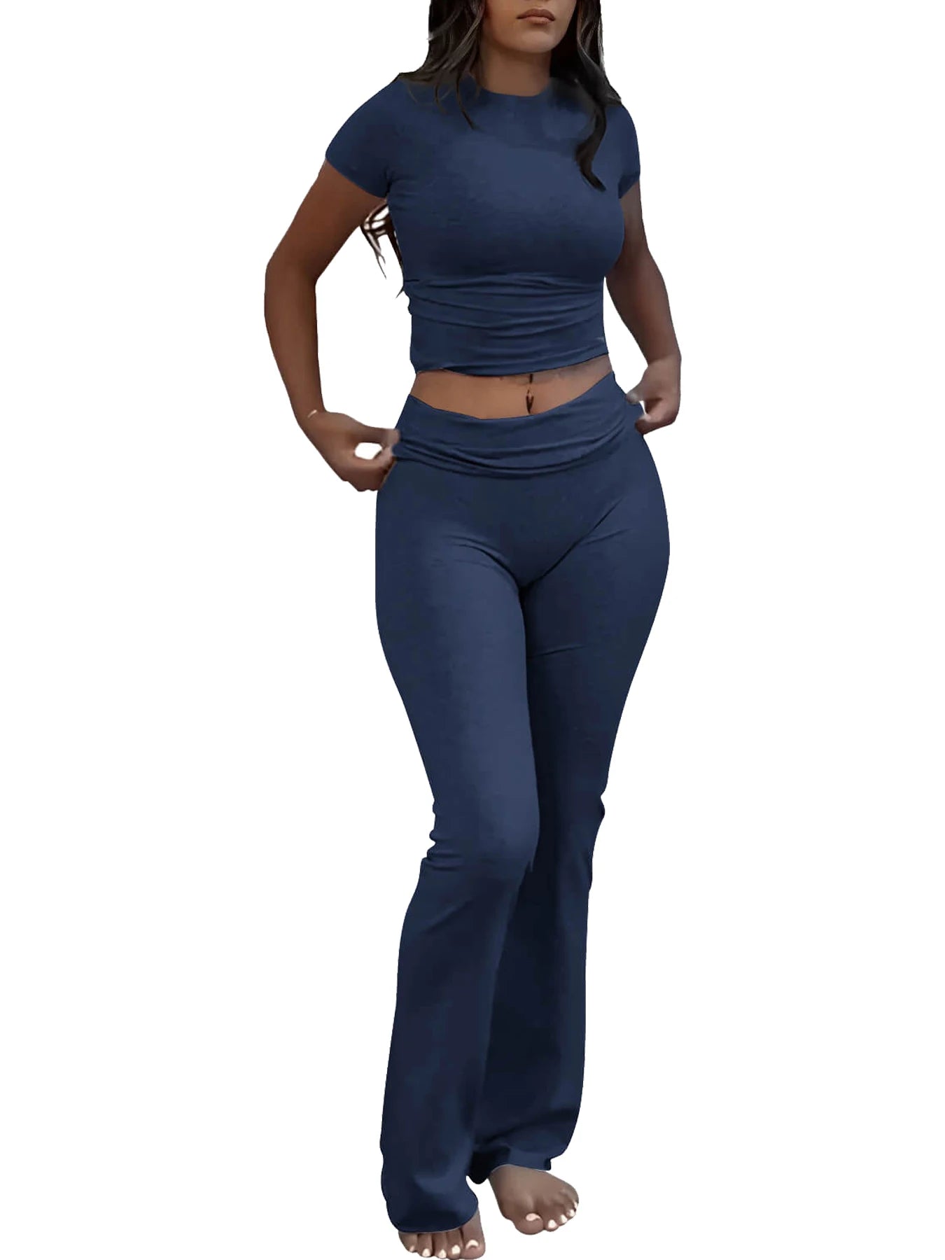 Women’s 2-Piece Short Sleeve Yoga Set — Flared Trousers & Crop Top