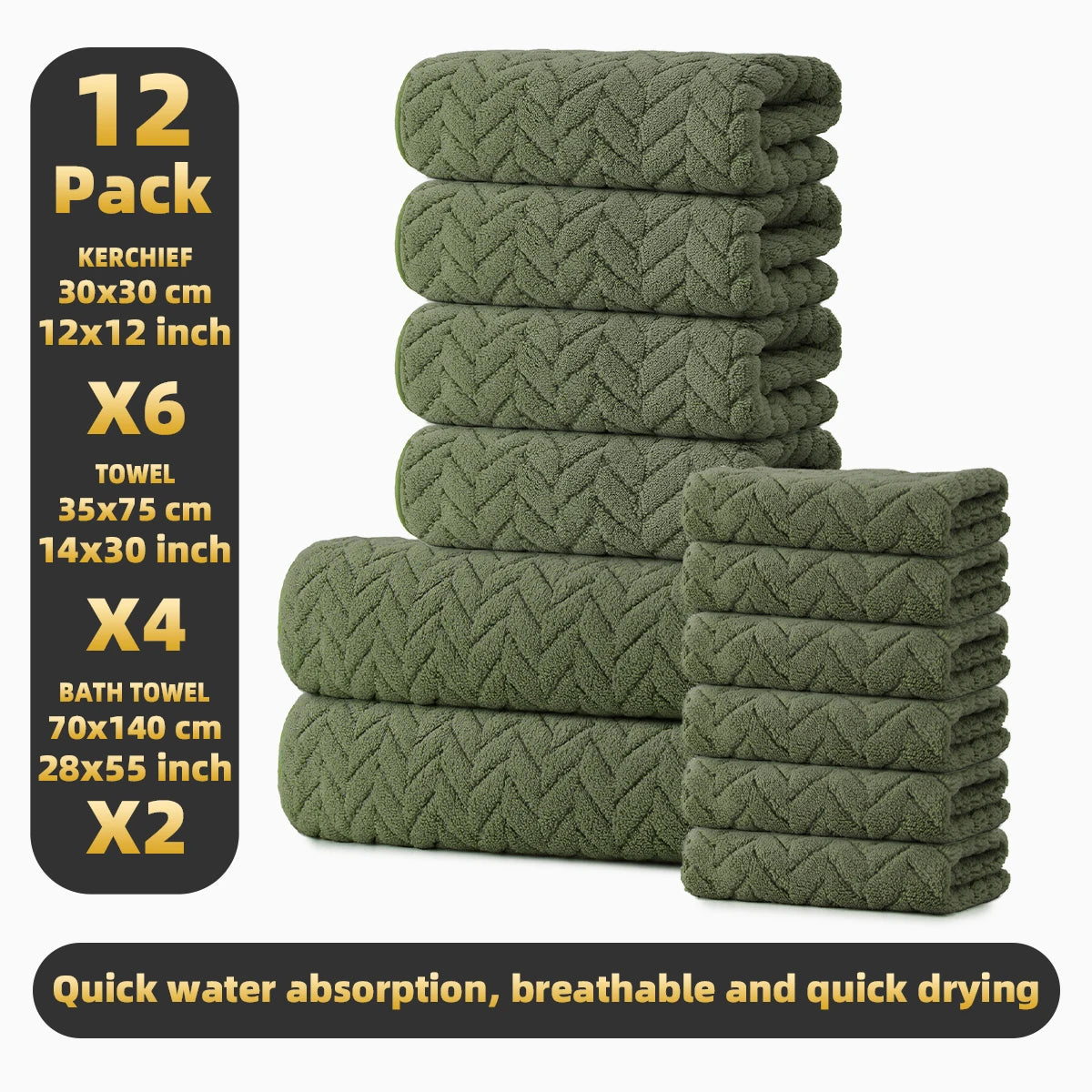 12-Piece Towel Set, 2 Bath Towels + 4 Hand Towels + 6 Face Towels, Soft
