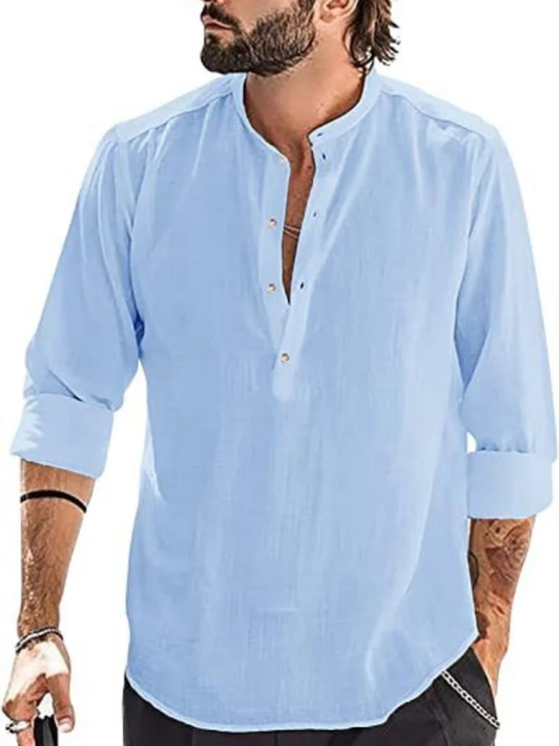 Men's Casual Long Sleeve Henley Shirt — Mandarin Collar Loose Fit Pullover Top