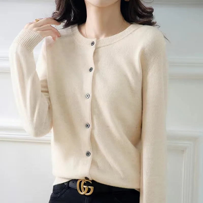 Women's Round Neck Knitted Cardigan Sweater — Solid Color Loose Slimming Top