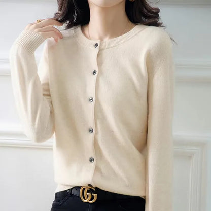 Women's Round Neck Knitted Cardigan Sweater — Solid Color Loose Slimming Top