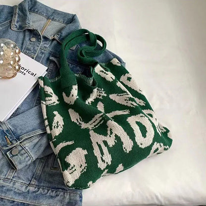 Plaid Wool Knitted Tote Bag, Color-Matched Design