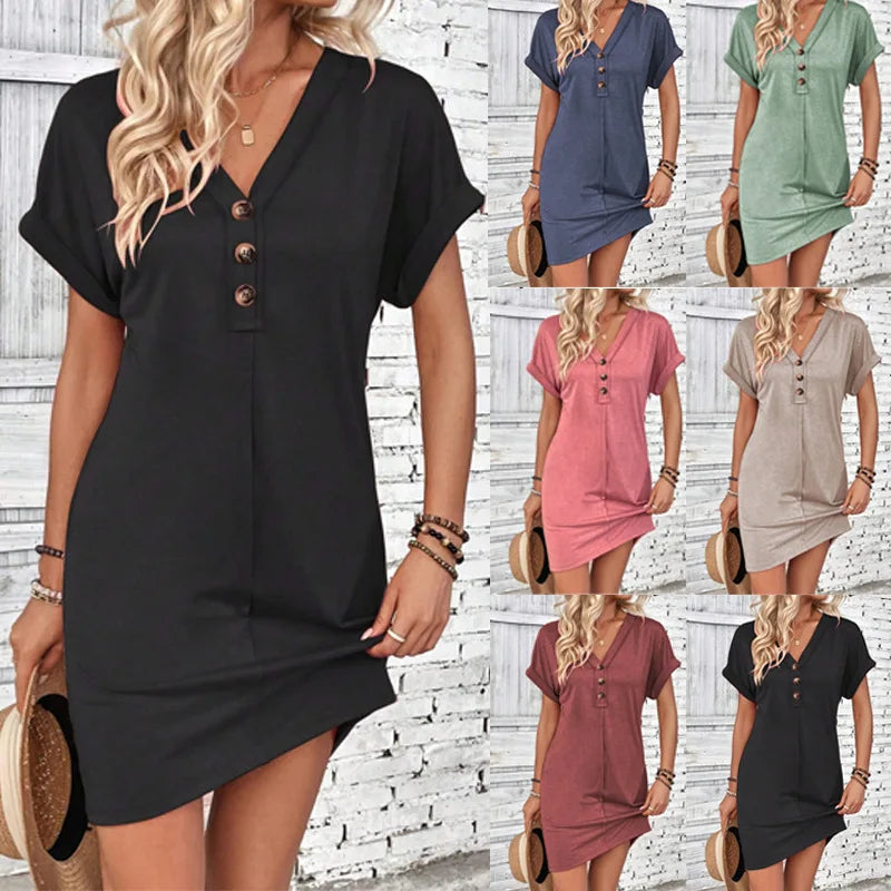 Women's V-Neck Button Down Mini Dress — Casual Summer Beach Party Dress