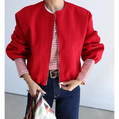 MUJER Women's Red Zipper Bomber Jacket — Soft Cropped Long Sleeve Sports Jacket