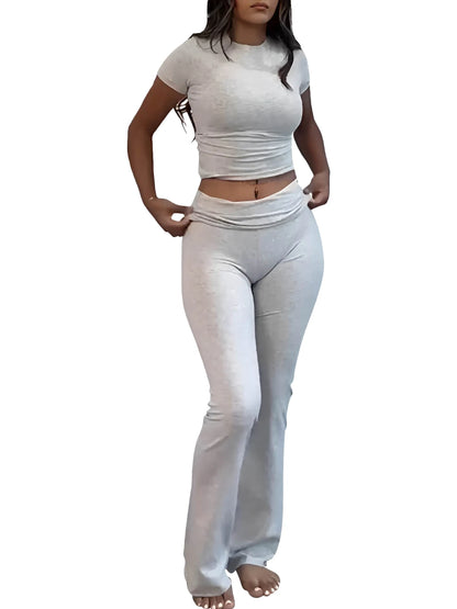 Women’s 2-Piece Short Sleeve Yoga Set — Flared Trousers & Crop Top