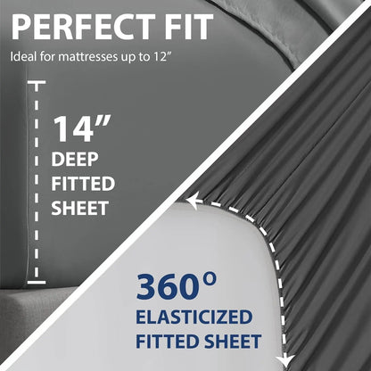 Queen Fitted Sheet with Double-Sided Pockets - 14" Deep Pocket Microfiber, Ultra Soft, Wrinkle & Fade Resistant, Grey