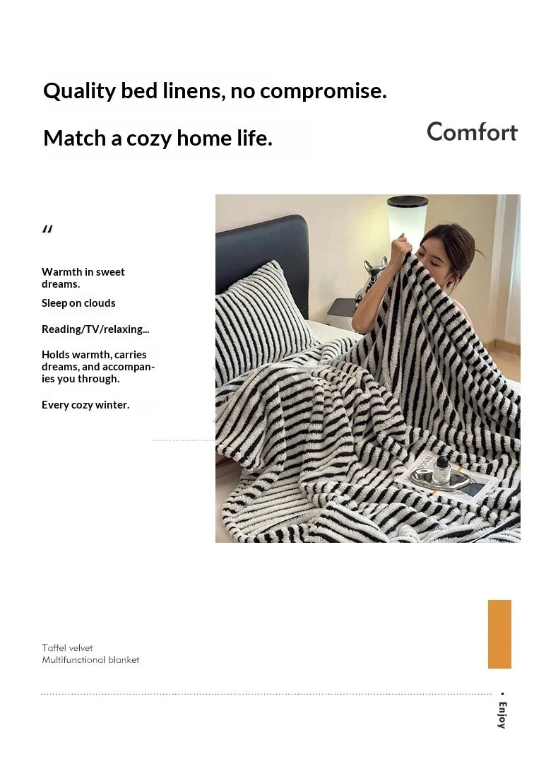 Imitation Rabbit Plush Striped Blanket Fluffy Soft Fleece Throw Blanket for Sofa Single Double Spring Autumn Warm Bed Blankets