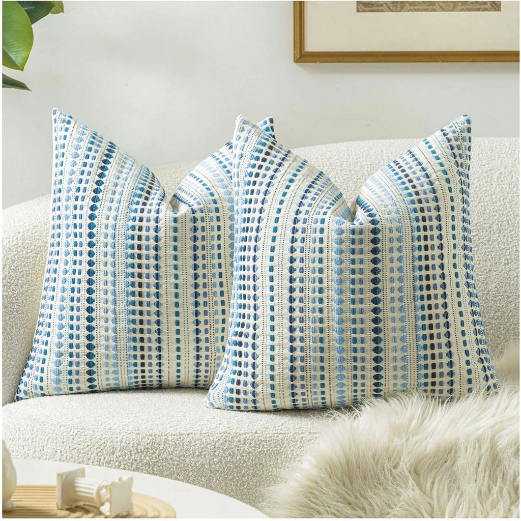 Blue Boho Striped Chenille and Linen Cushion Cover