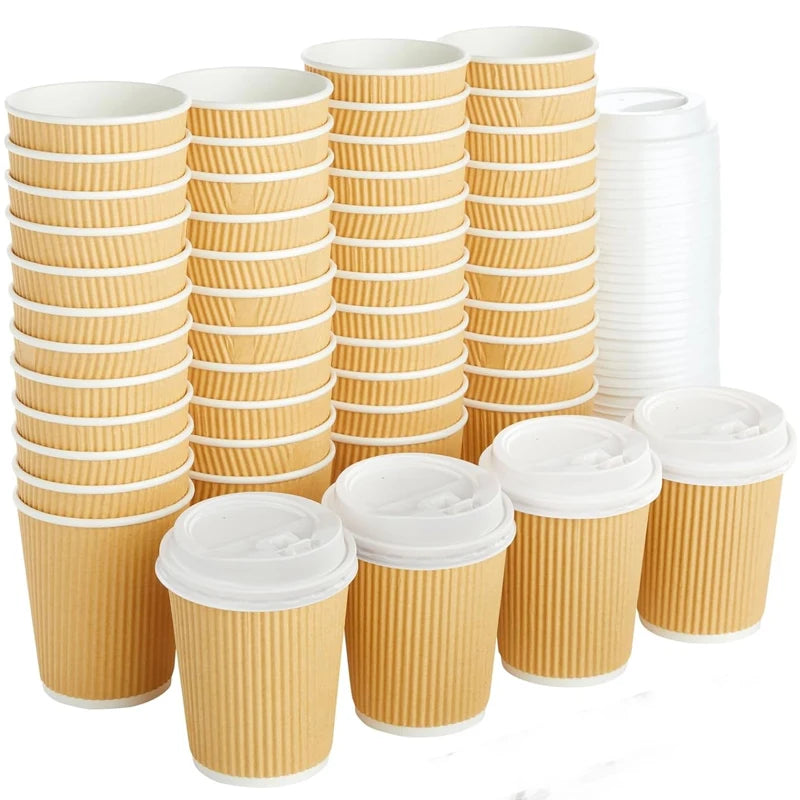 30-Pack Yellow Ripple Coffee Paper Cups 8oz | Disposable Hot & Cold Cups with Lids