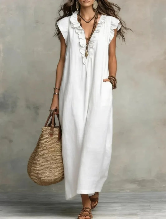 Robe longue bohème en lin à volants pour femme — Robe de plage sans manches à col en V avec poches