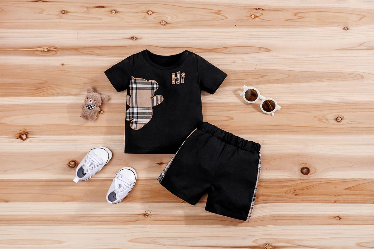 Checked Bear Print Tee & Shorts 2-Piece Set