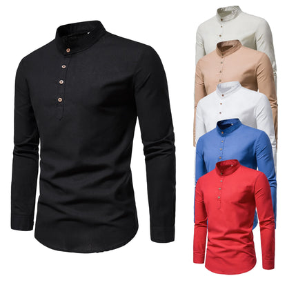 Men's Pure Cotton Slim-Fit Shirt — Elegant Long Sleeve Stand-Up Collar