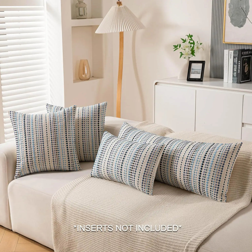 Blue Boho Striped Chenille and Linen Cushion Cover