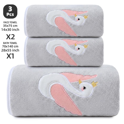 3-Piece Towel Set, 1 Bath Towel + 2 Hand Towels, Elegant Swan Embroidery