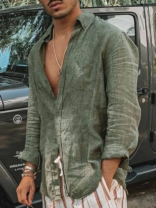 Chemise décontractée à manches longues et col à revers pour homme — Haut cardigan léger d'extérieur