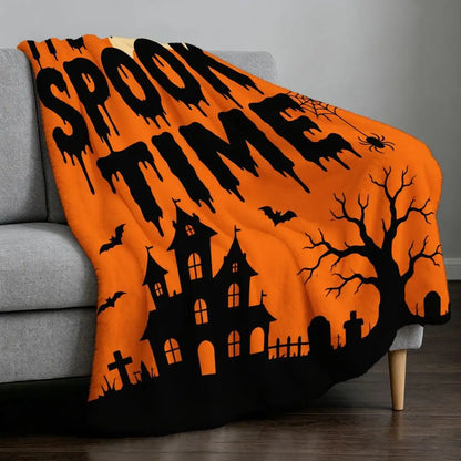 Halloween Fleece Throw Blanket Soft Cozy Large Orange Black Spooky Graphics IT's SPOOKY TIME Bats Full Moon Haunted Mansion Tree Spiderweb Graveyard for Sofa Couch Decor