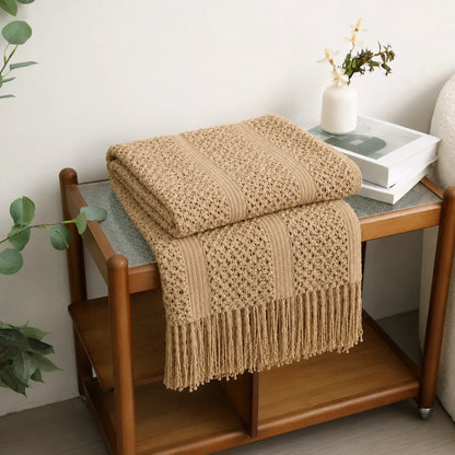 Cream Popcorn Bobble Textured Knit Throw Blanket with Tassel Fringe, Soft Knitted Decorative Blanket, Lightweight Cozy Cover for Couch Sofa Bed, Boho Farmhouse Home Decor for Living Room Bedroom
