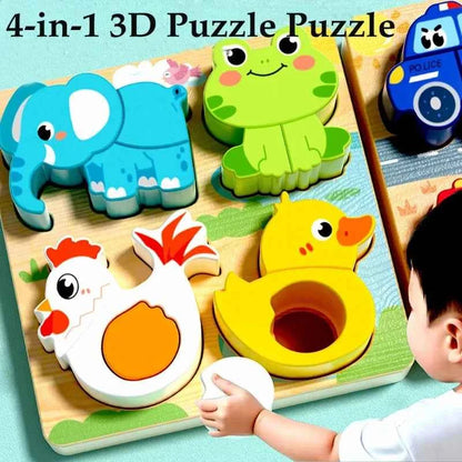 Four-in-one Wooden Toy, 3D Wooden Puzzle, Cartoon Animal, Cognitive Puzzle Early Learning and Educational Toy for Children, Gift