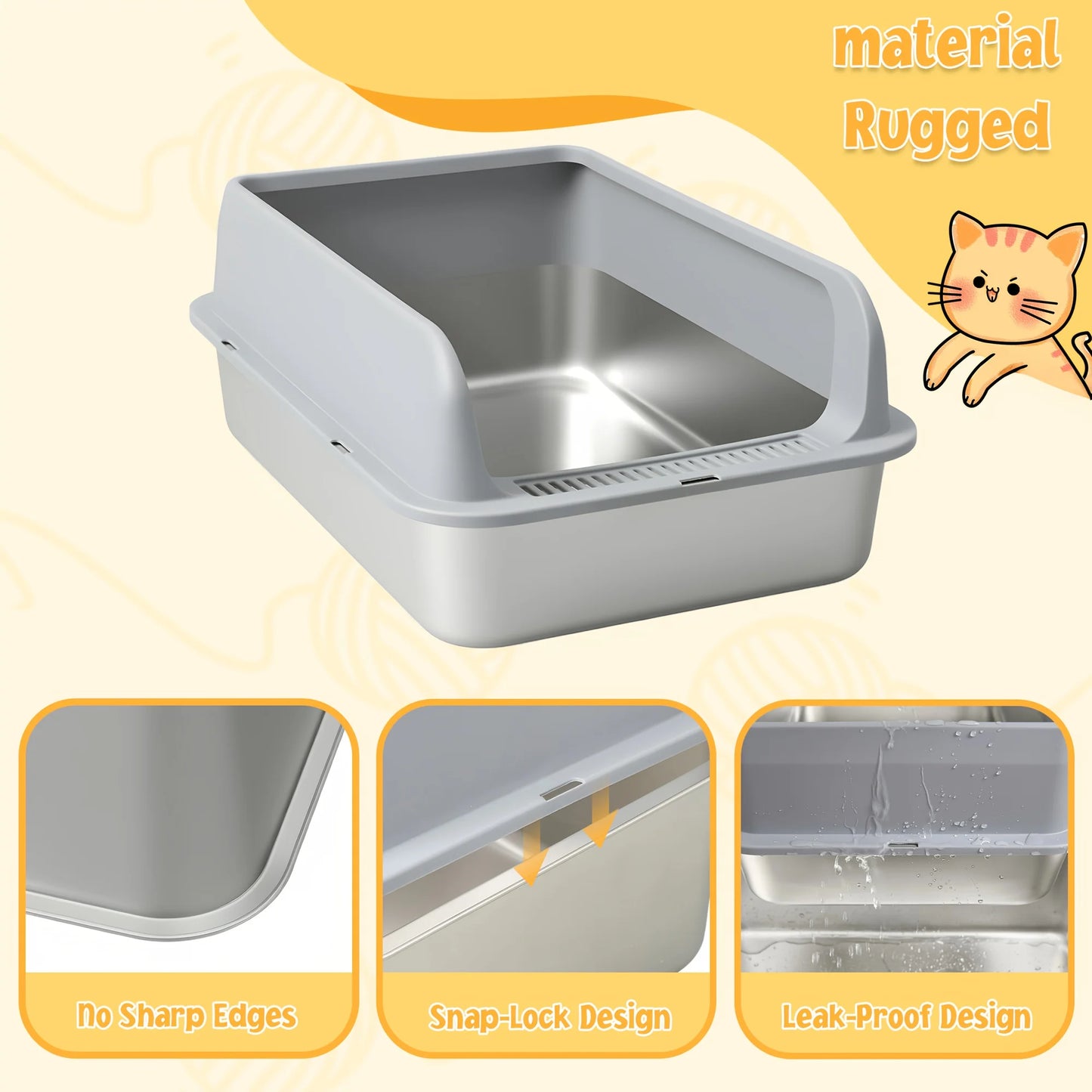 Stainless Steel Cat Litter Box with High Walls — Scoop & Metal Tray