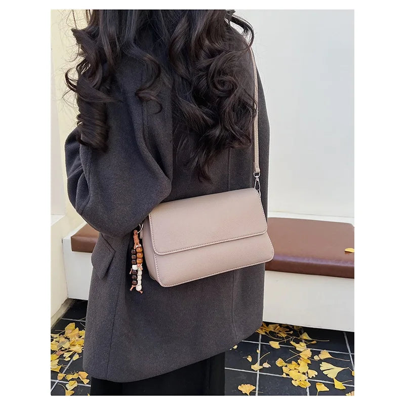 Nude Pebbled Leather Flap Crossbody, Minimalist Design