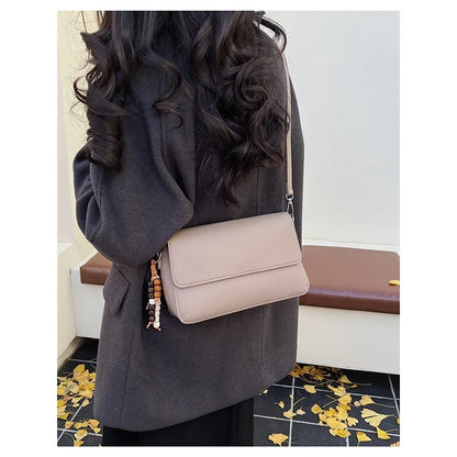 Nude Pebbled Leather Flap Crossbody, Minimalist Design