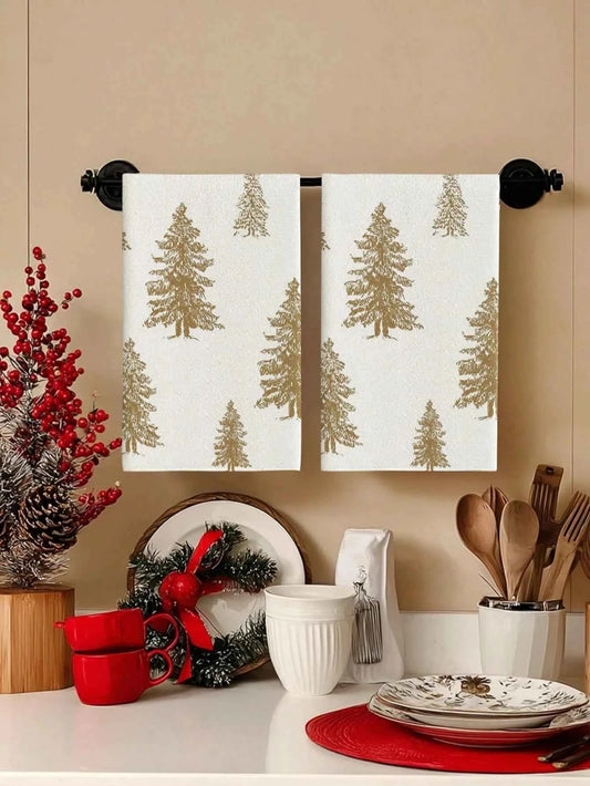 2 Pcs Christmas Towels | Fresh/Modern Style | Christmas Tree Print | Kitchen/Bath/Outdoor Party Decor & Holiday Gift