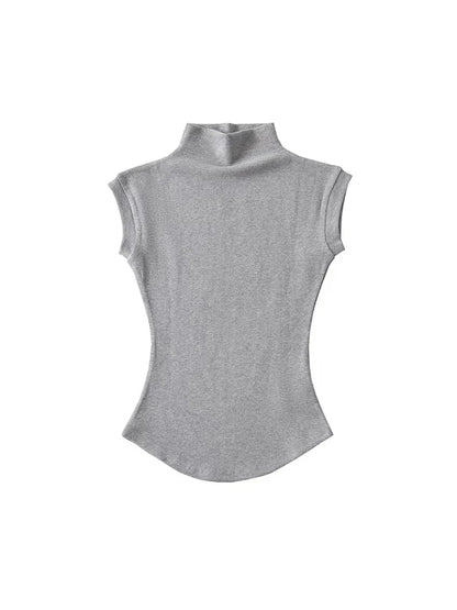 Women's Turtleneck Sleeveless T-Shirt — Solid Slim Fit Casual Streetwear Tee