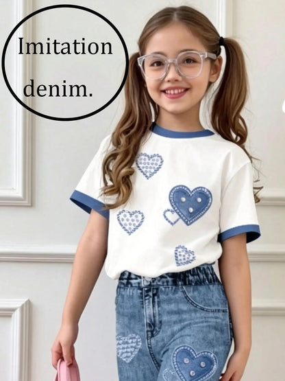 Girls' Summer and Autumn Casual Outfit Set: Girls' Heart-Print Two-Piece Set with Contrasting Color Trim Short-Sleeve T-Shirt + Faux Denim Flared Pants Set, Suitable for Girls Aged 4-12, for Home and Outing Wear