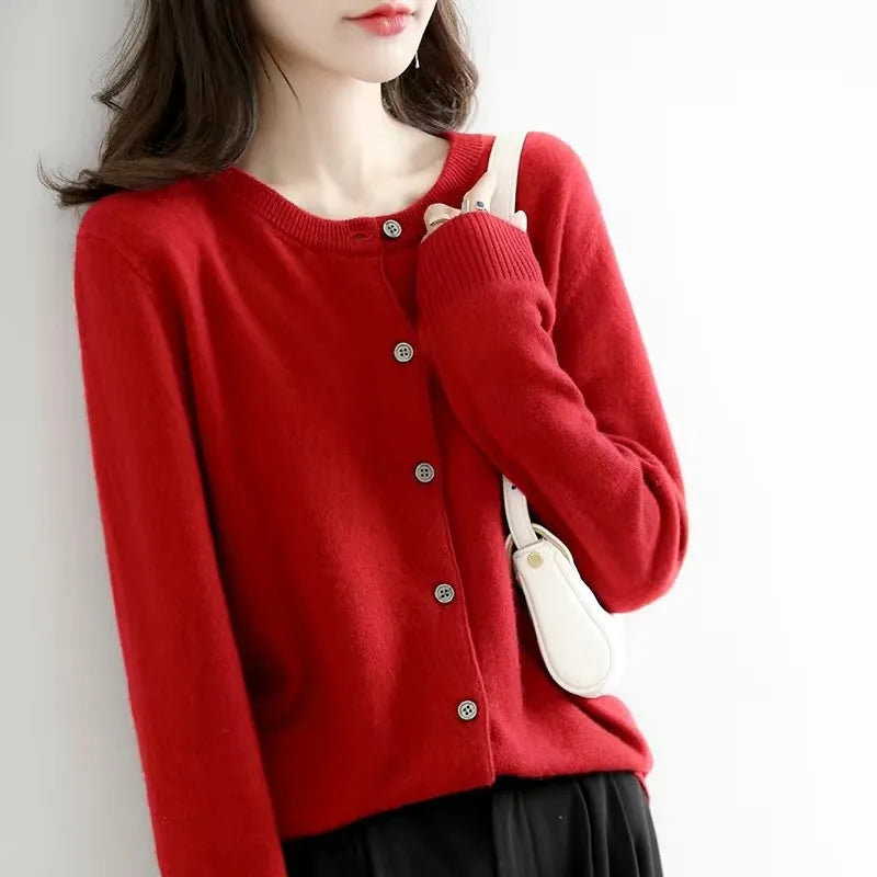 Women's Round Neck Knitted Cardigan Sweater — Solid Color Loose Slimming Top