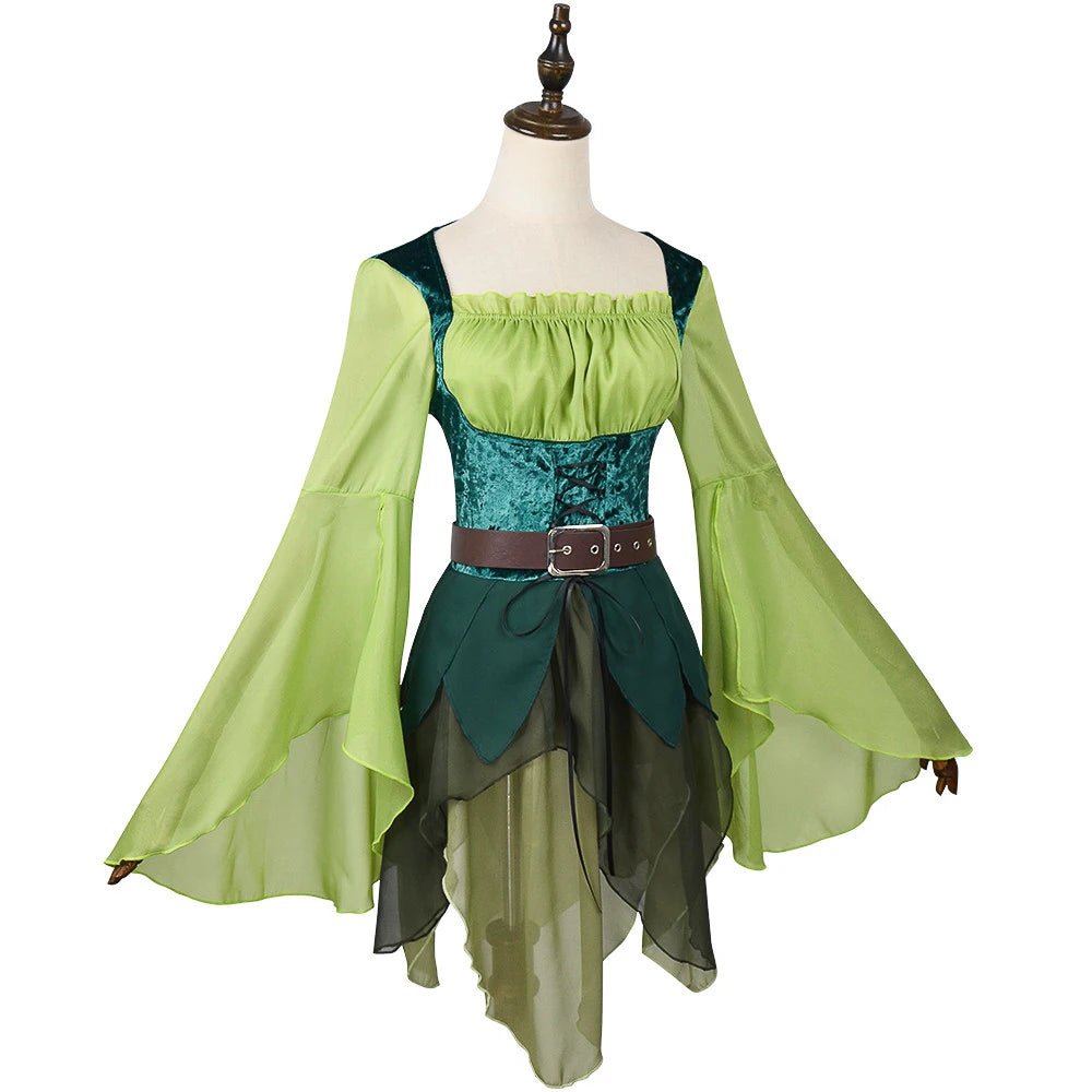 Women's Elf Medieval Green Fairy Dress Magical Elf Dress and Belt with Wings Halloween Carnival Party Cosplay Costumes