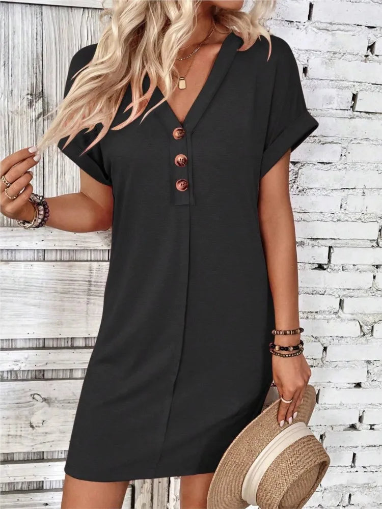 Women's V-Neck Button Down Mini Dress — Casual Summer Beach Party Dress